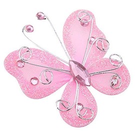 Mariposas de organza, 24 piezas de malla transparente con purpurina, mariposa, boda, fiesta, ropa, decoración, suministros de bricolaje (rosa)