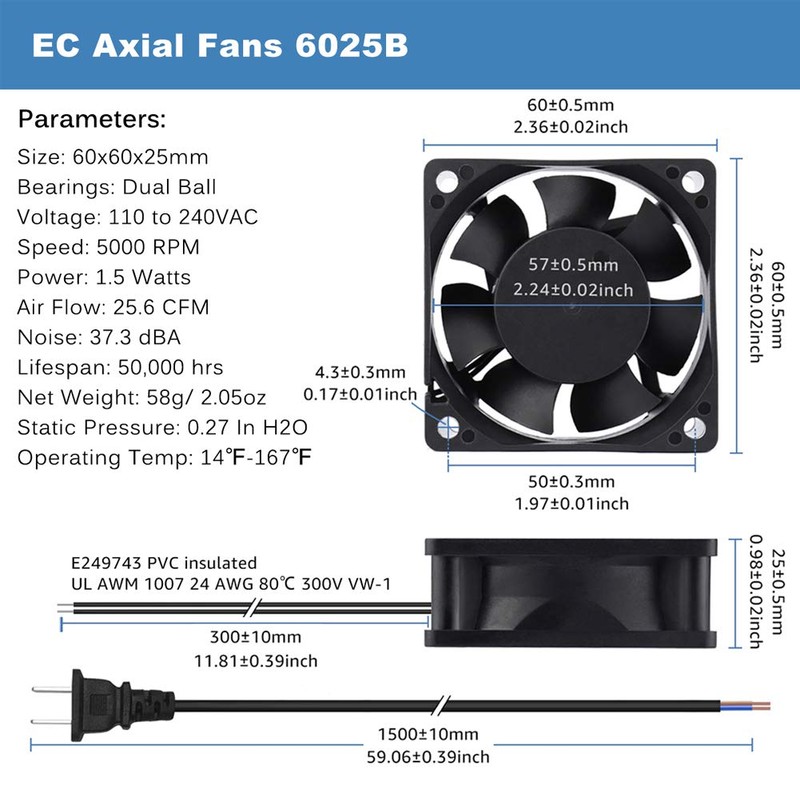 GDSTIME EC Cooling Fan 60mm x 60mm x 25mm AC