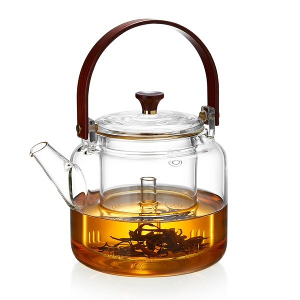 Unbreakable Glass Tea Pot, Heat Resistant, Large, 33.8 fl oz (1,100 ml), Large Capacity, Open Fire, Unbreakable, Simple, Includes Strainer, Handle Included, Transparent, Easy to Clean, Refrigerator