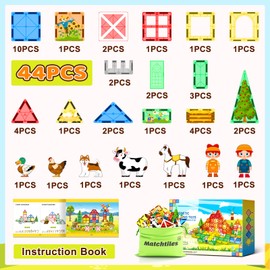 Magnetic Tiles Toys with Farm Animals for 3+ Year Old Toddler, Magnetic Blocks Building Toys for Kids Ages 3-5 5-7 Girls Boys, Classroom Must Haves 44PCS