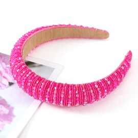 Gmmidea Beaded Rhinestone Headband for Women Girls Fashion Sparkly Crystal Headband Bling Thick Padded Headband Fancy Jeweled Hair Band Holiday Glitter Hair Accessories A-Hot Pink