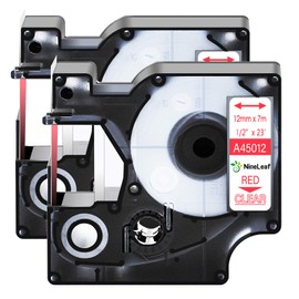 NineLeaf 2 Pack Compatible for DYMO D1 45012 Red on Clear 12mm 1/2'' x 23ft Label Tape Refill Work in DYMO LabelManager 160 210D 260P 280 360D 420P 450D Wireless PnP 500TS 450 Label Maker