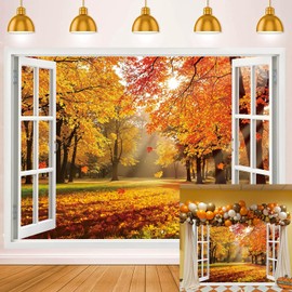 Fall Window Backdrop Autumn Maple Leaf Forest Natural Scenery Photography Background Fall Autumn Harvest Thankgiving Family Birthday Party Supplies Studio Booth Props 7x5FT