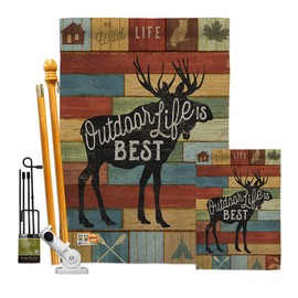 Outdoor Life Is Best Garden House Flags Kit Lodge Rustic Lake Cabin Moose Wildlife Adventure Forest Small Decorative Gift Yard Banner Double-Sided Made In USA 28 X 40