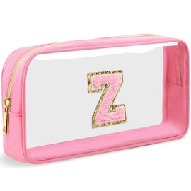 LOFOWN Initial Clear Makeup Bag Small Cosmetic Bag Travel Toiletry Bag Clear Zipper Pouch Purse Organizer Bags for Women, PINK-M, Z, Initial Makeup Bag