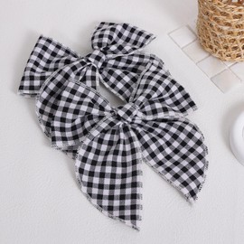 Black White Buffalo Plaid Ribbon Fable Hair Bows Alligator Clip 2pc 5.5'' Checkered School uniform Bows for Teens Girls Women Race Fan Car-Themed Birthday Party Gift