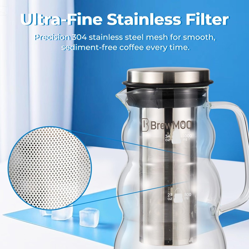 BrewMOO Cold Brew Coffee Pitcher (1.0L/34oz) - Elegant Sleek Wave