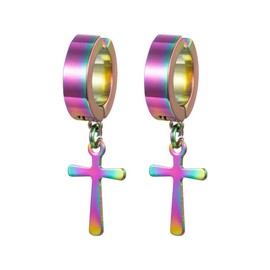 Gold Silver Cross Clip On Earrings Drop Dangle Set for Women Men Cross Titanium Steel Hoop Dangle-Colorful