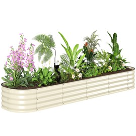 Outsunny 8' x 2' x 1' Galvanized Raised Garden Bed Kit, Outdoor Metal Elevated Planter Box with Safety Edging, Easy DIY Stock Tank for Growing Flowers, Herbs & Vegetables, Cream