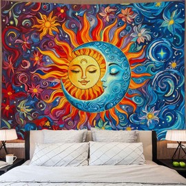 Sun and Moon Tapestry Boho Hippie Orange Red Blue Floral Tapestry for Bedroom Aesthetic Abstract Plant Flowers Stars Small Tapestries Wall Hanging for Living Room Dorm 90 x 68 Inch