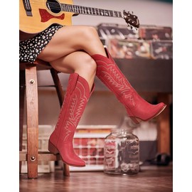 HICLOTSA Red Cowboy Boots for Women - Knee High Cowgirl Boots Pointed Toe Chunky Heel Pull On Classic Embroidered Fashion Retro Western Tall Boots for Women US Size 7