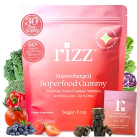 RIZZ Sugar-Free Green Gummies - 60+ Superfoods 6g Fiber - 30 Day Supply Prebiotic and Probiotic Gummies - Vegan Multivitamins for Women & Men - Gluten Free - Mushroom, Fruit and Vegetable Supplements