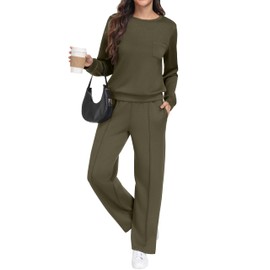 GRECERELLE Tracksuit Womens Full Set Autumn Long Sleeve Lounge Wear Sets for Women Two Piece Outfits Activewear Casual Crew Neck Pullover Tops and Jogging Bottoms with Pockets (Army Green, M)