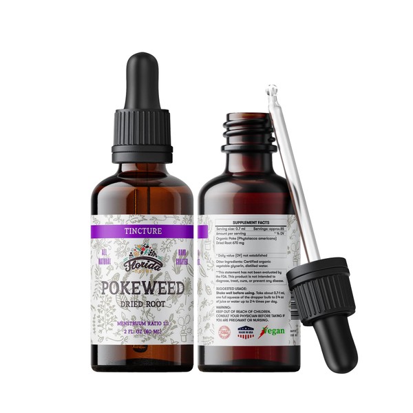Pokeweed Tincture, Organic Poke Extract (Phytolacca Americana) Dried Root, Non-GMO in Cold-Pressed Organic Vegetable Glycerin, Florida Herbs Supplements