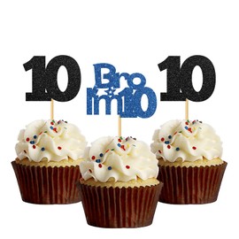Bro I'm10 Cupcake Toppers - Boy Ten Years Old Bithday - Happy 10th Birthday Party Decoration Supplies Black Blue Glitter - 24 Pcs