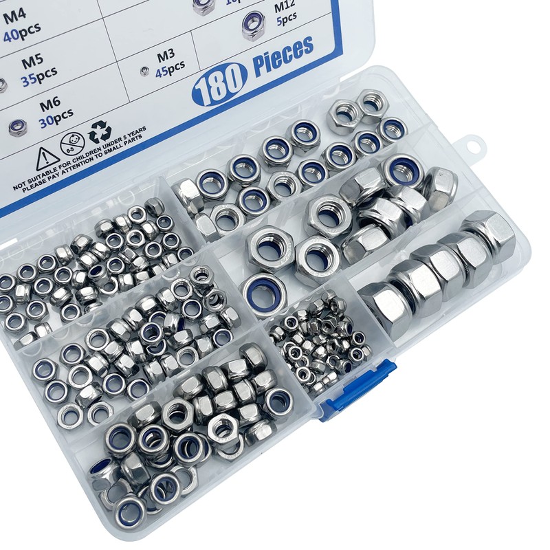 BESTYCHAO 180pcs Nylon Lock Nuts Stainless Steel Insert Hex Nut