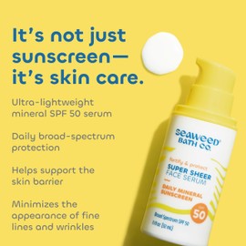 Seaweed Bath Co. Fortify & Protect Super Sheer Face Serum SPF 50 Broad Spectrum Zinc Oxide Facial Sunscreen, 1.1 Ounce, Non-Tinted, Sustainably Harvested Seaweed, Collagen, Ceramides