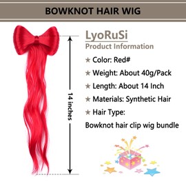 LyoRuSi Ponytail Wig with Red Bowknot - 14 Inch Hair Bow Alligator Clip Extension for Women & Girls