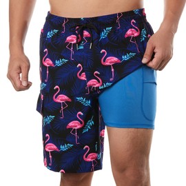 BRISIRA Mens Swim Trunks 9 Inch Bathing Suit Compression Liner Swimsuit Board Shorts Swimwear Stretch Anti-Chafe Quick Dry Flamingo
