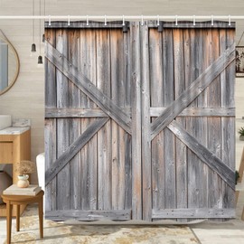 Wooden Barn Door Shower Curtain, Rustic Wooden Garage Door Shower Curtain Vintage Wood Farmhouse Shower Curtain, Country Barn Door Shower Curtain with Hooks, 72X75 Inch, Grey