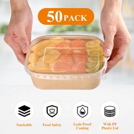 Aemygo 50 Pcs Disposable Kraft Paper Bowls with Lids, 25 oz Paper Bowls Leakproof Meal Prep Containers, Disposable Party Supplies Serving for Soup, Salad, Snacks, Dessert (Square)