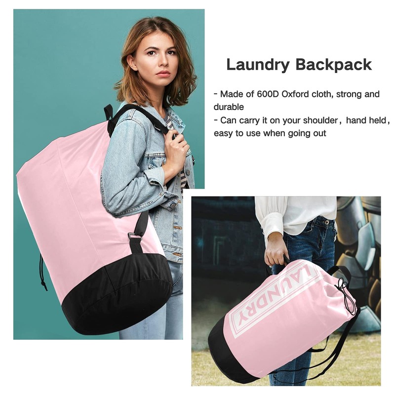 Pink Laundry Backpack Large Heavy Duty Laundry Bag with Adjustable