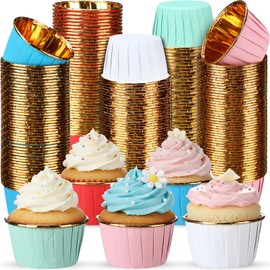 240 Pack Gold Foil Cupcake Liners Bulk 3.5 oz Disposable Party Cupcake Baking Cups Colorful Foil Muffin Liners Metallic Baking Wrappers Holders(Solid Color Style)