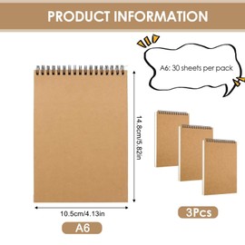 3 Pieces A6 Sketchbook, 30 Sheets/60 Pages, Acid Free Paper (160 GSM), Kraft Paper Drawing Pad with Spiral Bound, Sketch Pads for Drawing and Sketching, Artist and Student Supplies