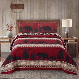 Virah Bella 3 Piece Full/Queen Cabin Quilt Bedding Set - Creekside Bear - Rustic Country Reversible Patchwork Comforter Set with Decorative Pillow Shams