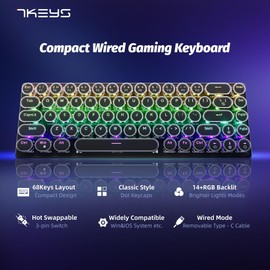 65% Wired Mechanical Gaming Keybaord, Compact 68 Keys Mini Keyboard with Arrow Keys, RGB Rainbow Backlight, Hot-swappable Switch, Retro Round Keys for PC/Laptop Gamer