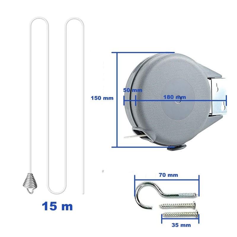 Loriketty Retractable Wall Mount Clothesline - 15 Meters Outdoor Indoor
