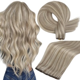 Full Shine Weft Hair Extension Human Hair Genius Weft Hair Extensions Remy Hair Hand Tied Double Weft Extensions Color Ash Blonde Highlight Bleach Blonde Human Hair Bundles 50G 14 Inch