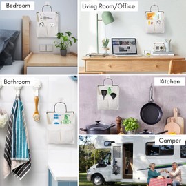 Kanrichu 2pcs Small Wall Hanging Organizer Bag, Linen Fabric Door Hanging Storage Basket with Pockets, Waterproof Bin for Kitchen, Bedroom, Office, RV Camper (White)