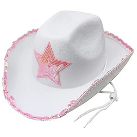 GIFTEXPRESS White Felt Cowgirl Hat with Pink Sequin Star, Country Themed Party Cowboy Dressup Play Costume Hat