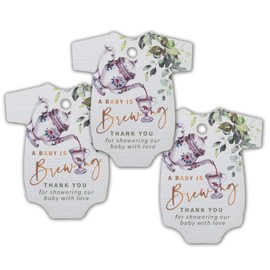Summer-Ray 50pcs Baby is Brewing Gift Tags Perfect for Baby Shower, Coffee Theme Party (Onesie White - Baby is Brewing, Teapot)