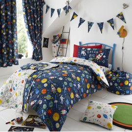 Happy Linen Company Girls Boys Kids Space Explorer Outer Space Planets Navy Blue Toddler Cot Bed Reversible Extra Pair Of Toddler Pillow Cases