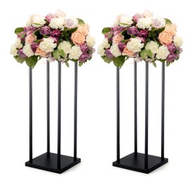 2 Pcs 32'' x 9'' Black Wedding Decoration Table Centerpieces Pedestal Flower Stands Geometric Metal Frame Iron Vases Column Display Rack for Event Party Home Decor
