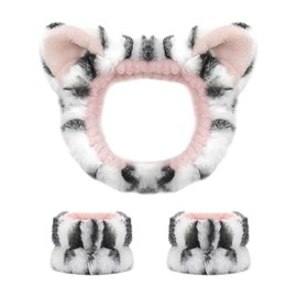 Set HASTHIP de diadema con orejas de gato y muñequeras de franela para lavado facial
