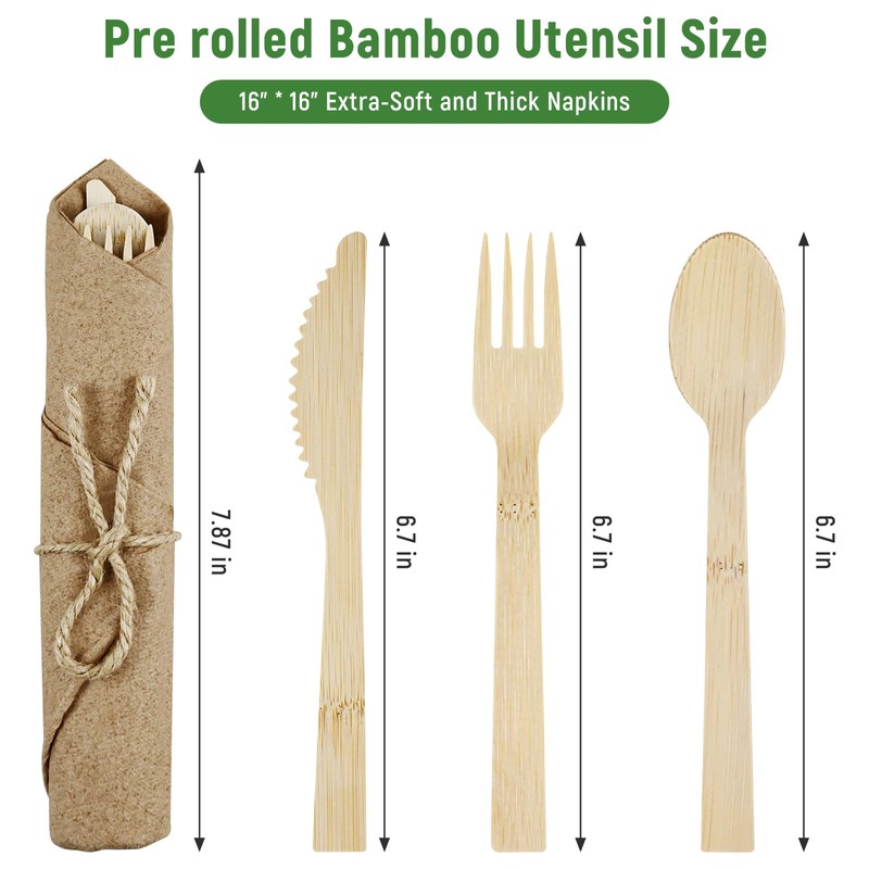 Pre Rolled Napkin and Bamboo Cutlery Set - 10Pack Bamboo
