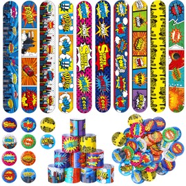 60 Pcs Hero Party Favor Hero Slap Bracelets Comic Book Slap Bracelet for Kids Comic Book Mini Button Pin for Girl Boy Heroic Birthday Party Supplies Classroom Prizes Gift
