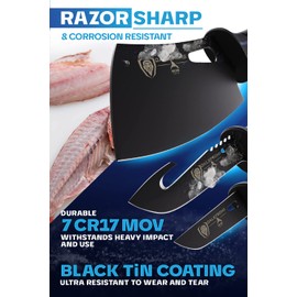 Dalstrong 3pc Kitchen Knife Set-Night Shark Series-High Carbon Steel-Titanium Coated-NonSlip Handle-Boning,Cleaver and Hook Fish Knives - w/Sheath-NSF Certified