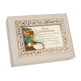 Cottage Garden First Communion Ornate Champagne Silver Jewelry Music Box Plays Amazing Grace