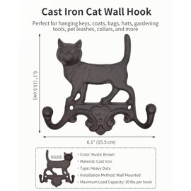 RIXIGOOD Cast Iron Cat Wall Hooks for Hanging, Decorative Heavy Duty Coat Hooks Wall Mount Key Hanger Leash Holder Vintage Farmhouse Entryway Mudroom Cute Animal Decor Rustic Brown 1 Pack