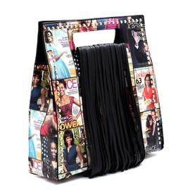 Amy & Joey Glossy Magazine Cover Collage Michelle Obama Printed Fringe and Studs Crossbody Boxy Satchel (Multi/Black)