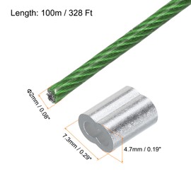 MECCANIXITY 328Ft(100M) Wire Rope 304 Stainless Steel Cable 5/64"(2mm) Vinyl Coated with 30Pcs Aluminum Sleeves for Hanging, Clotheslines, Lifting Green