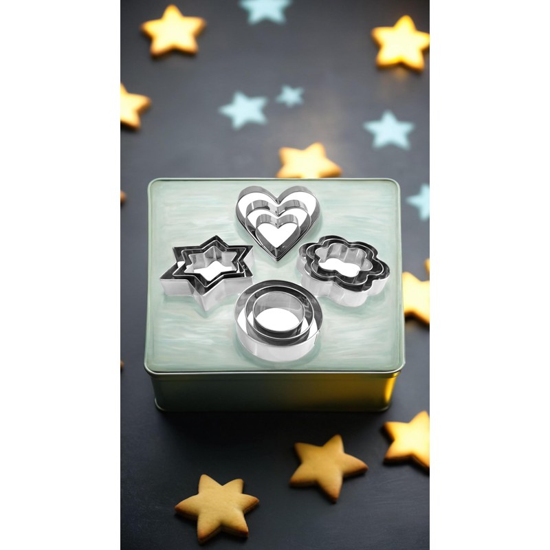Honwor Stainless Steel Cookie Cutter Set - Round, Heart, Flower,