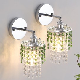 Shenmoyl Set of 2 Crystal Battery Operated Wall Sconce,Rechargeable Wall Lamp with 5400mAh Battery & Remote Control, Modern Dimmable Wireless Wall Lights for Bedroom Bathroom (Green, Silver Base)