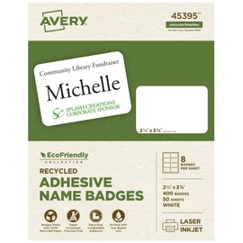 Avery EcoFriendly Recycled Name Tags, 2-1/3" x 3-3/8", White, Removable Adhesive, 400 Printable Name Badges (45395)