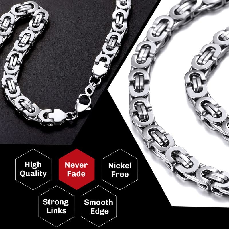 ChainsHouse Stainless Steel Necklace Byzantine Chain Byzantine Necklace 8MM Silver