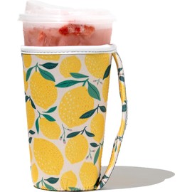 GoCuff Reusable Hot and Iced Coffee Cup Insulator Sleeve with Handle for Beverages, Soda, Latte, Tea and Neoprene Holder (Large: 20-32 oz, Lemon Tree)